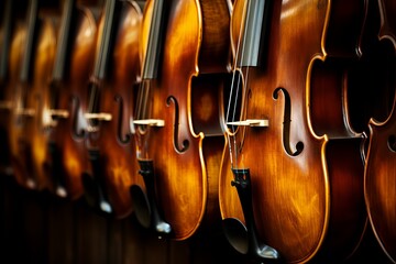 Naklejka premium Beautifully crafted violins lined up in a serene music shop. Generative AI