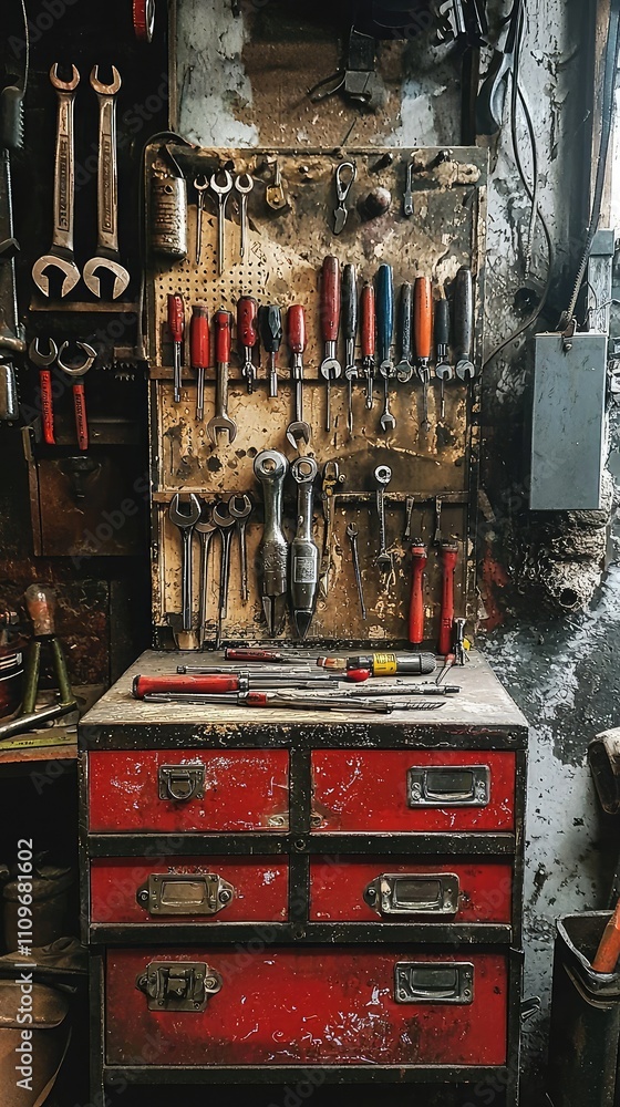 Poster vintage workshop with tools on wall and red drawers displaying wrenches, screwdrivers, and other ins