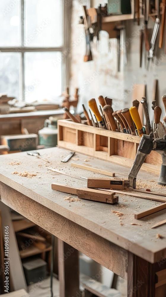 Poster cozy and inviting woodworking workshop with tools and shavings on an authentic workbench surrounded 