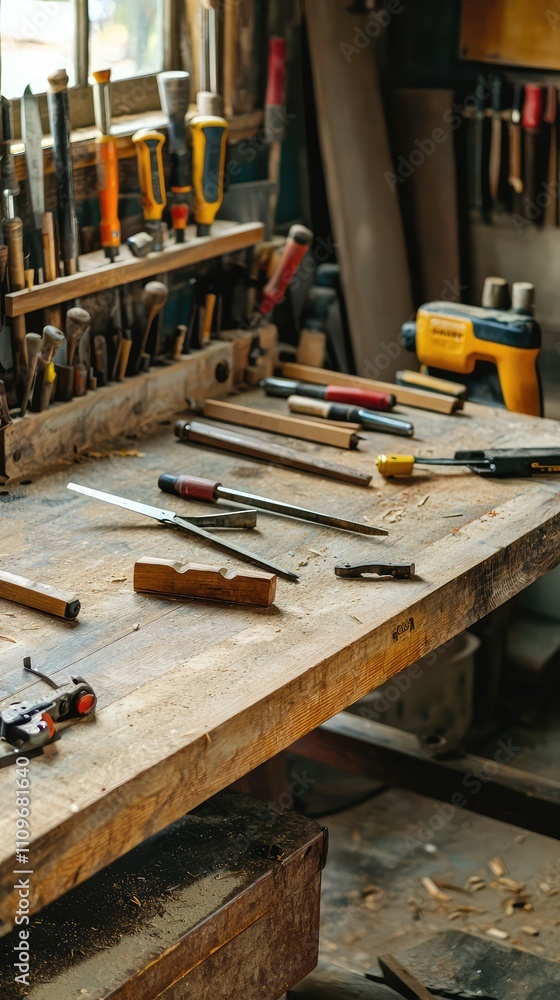 Poster wooden workbench with various hand tools and equipment in a rustic workshop environment emphasizing 
