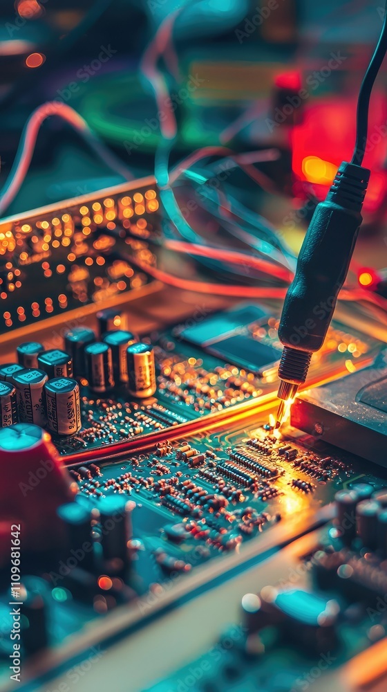 Poster close-up shot of electronic circuit board with colorful lights and tools, showcasing detailed compon
