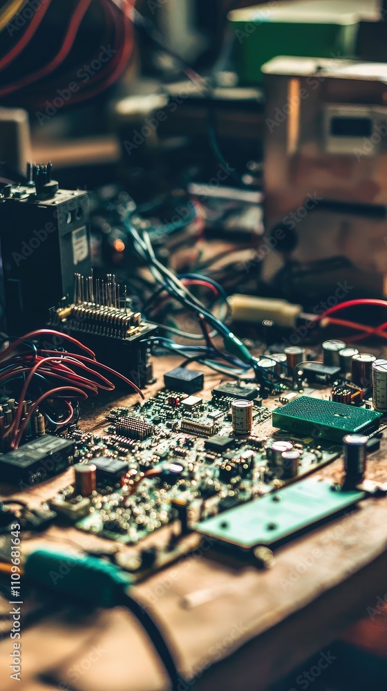 Poster close-up of a vintage electronic circuit board surrounded by wires and components on a wooden table 