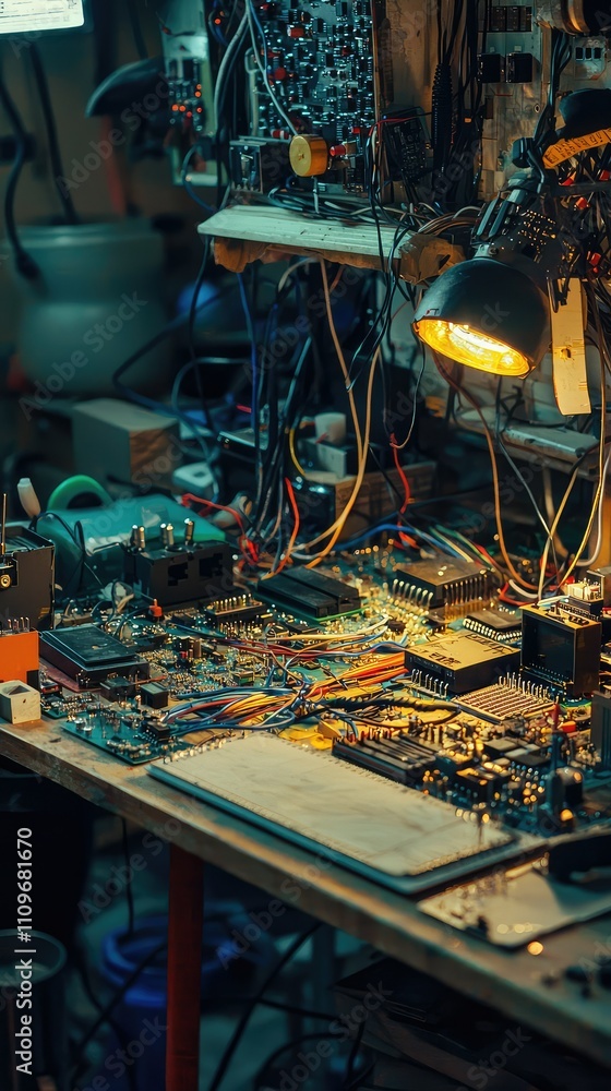 Aufkleber intricate close-up of a vintage electronics workshop featuring circuit boards, wires, and analog dev