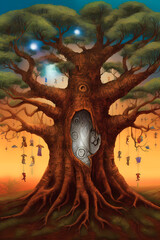 Tree of shamans. Tree of sacred spirits. AI generation	