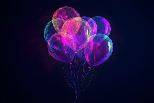 A striking neon wireframe design showcasing balloons for the highly anticipated 2022 balloon drop, standing out against a dark black backdrop.