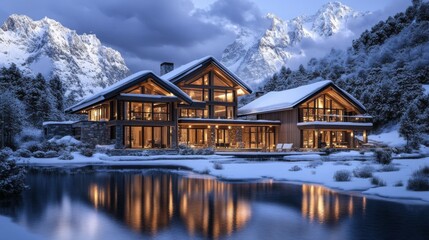 Obraz premium Modern Wooden Cabin with Large Windows Reflecting in a Frozen Lake in the Snowy Mountains at Dusk
