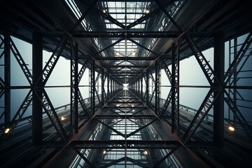 Unique perspective of industrial architecture showcasing steel structures and skies. Generative AI