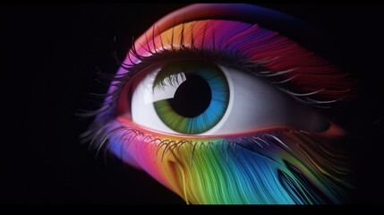 Fototapeta premium Rainbow Eye: A vibrant digital art piece showcasing a close-up of an eye with rainbow-colored makeup, expressing creativity and visual artistry.