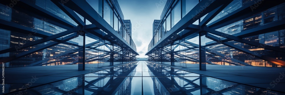 Poster reflections of modern architecture at twilight in an urban landscape. generative ai