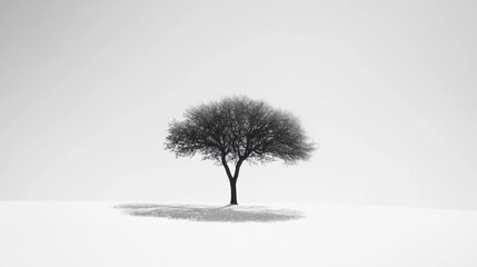Fototapeta premium Solitary Tree in a Winter Landscape: A Monochrome Masterpiece
