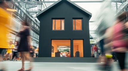 Fototapeta premium Demonstration home modules in a prefabricated house factory visited by customers interested in building a house