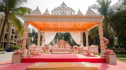Grand wedding stage with an Indian mandap decorated in peach and white hues