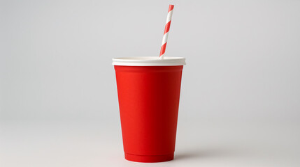 Red Paper Cup: Red paper cup with straw isolated on a white background, evoking a casual and refreshing drink.