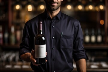 Elegant server presents a fine wine bottle in a dimly lit bar setting. Generative AI