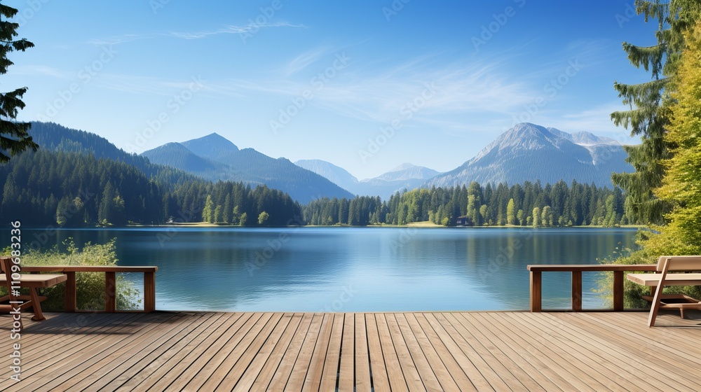 Aufkleber serene lakeside view with mountains and pristine nature in the background. generative ai