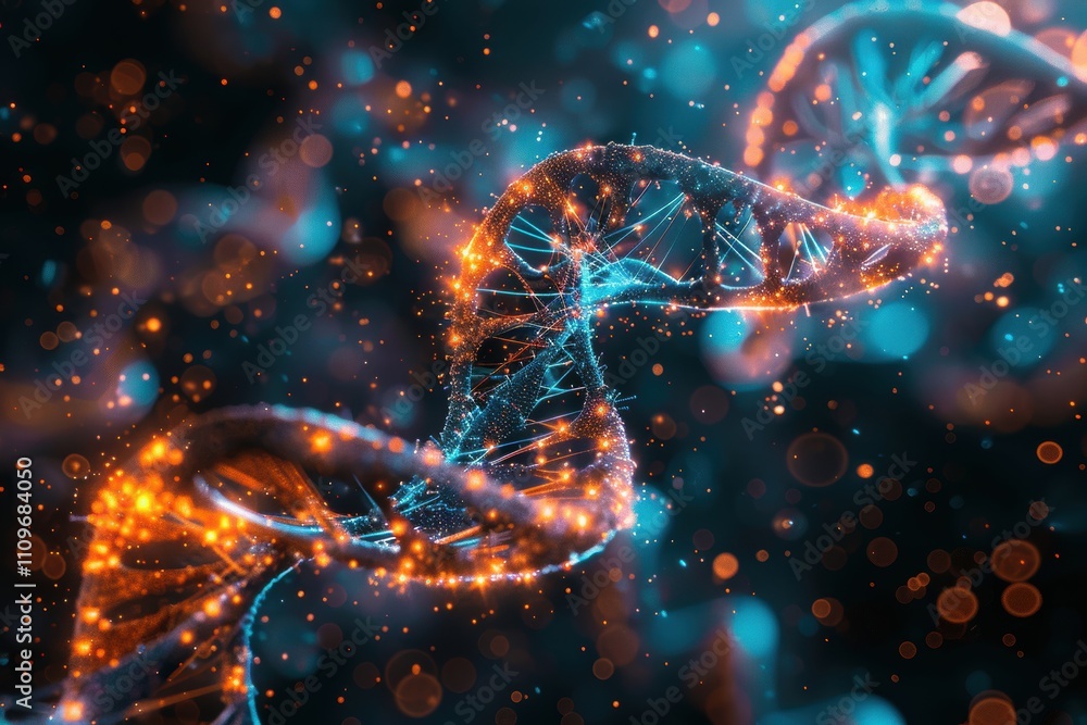 Poster abstract representation of dna strands with glowing particles.