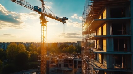 Crane at the construction site of apartment buildings in the city center, structural elements and scaffolding on a newly constructed building