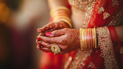 Close-up of an Indian bride's hands with a henna tattoo and golden bracelets, wearing a red sari at a wedding ceremony