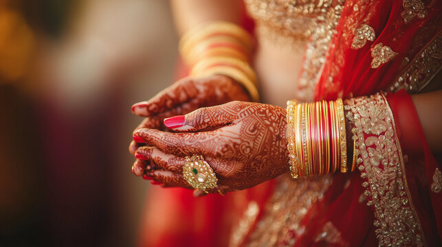 Close-up of an Indian bride's hands with a henna tattoo and golden bracelets, wearing a red sari at a wedding ceremony