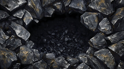 A frame of darkness: jagged black rocks encase a mysterious void, hinting at a hidden world within. Obscure. Illustration