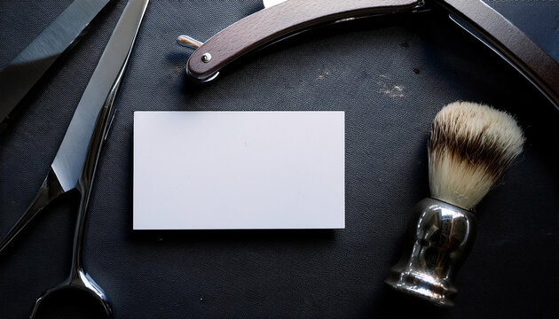 Business card mock up featuring barber tools on a countertop with ample space for branding and contact information