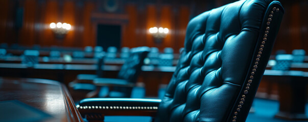 Empty legislative chamber with focus on leather chair.