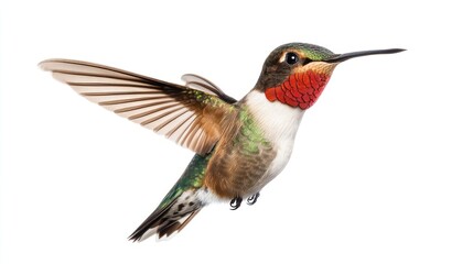 Vibrant Hummingbird in Flight with Colorful Feathers and Delicate Wings Captured Against a White Background for Nature and Wildlife Photography