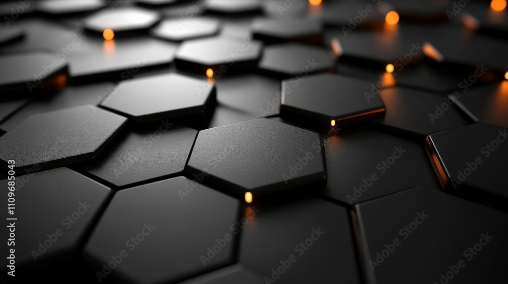 Poster black hexagonal tiles with subtle glow, modern textured background for technology, design, and abstr