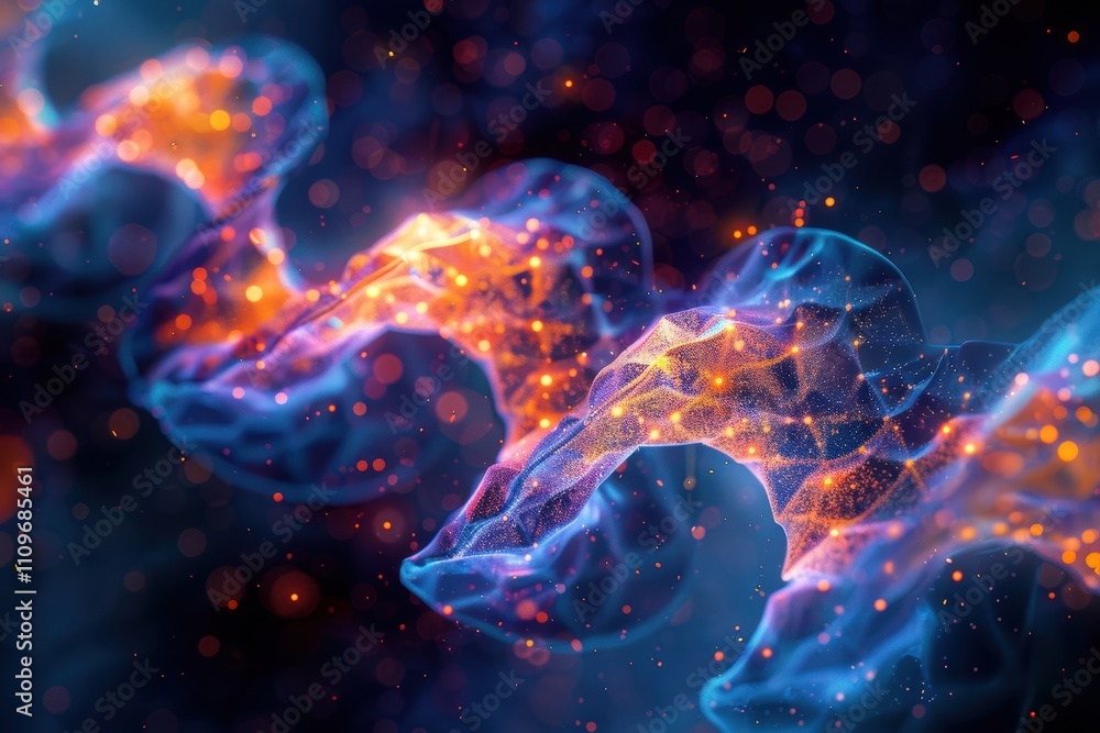 Poster abstract representation of dna strands with glowing particles and colors.