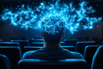 man in theater experiences glowing mental health workshop.
