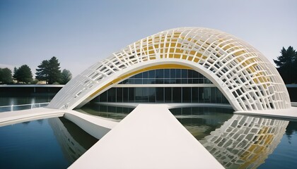 Fototapeta premium Estructura arquitectónica blanca curvada con patrones y líneas repetitivos, que crean una sensación de profundidad y movimiento
