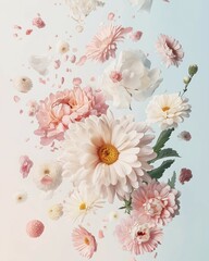 A captivating blend of soft pastel flowers and abstract forms seemingly floating in harmony, creating a dreamlike scene that evokes a sense of tranquility and wonder.