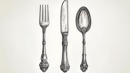 Vintage Silverware Fork Knife and Spoon Illustration with Ornate Details