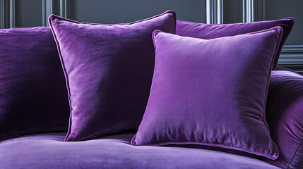 Two purple pillows on a couch