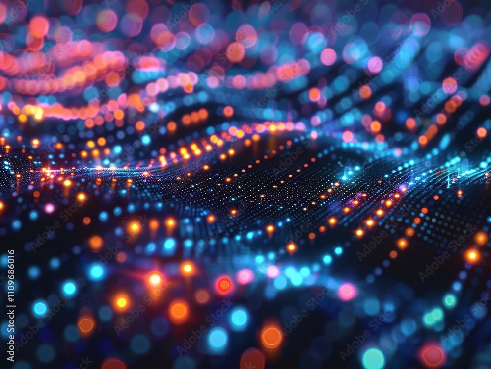 Poster abstract representation of glowing data waves and digital connections.