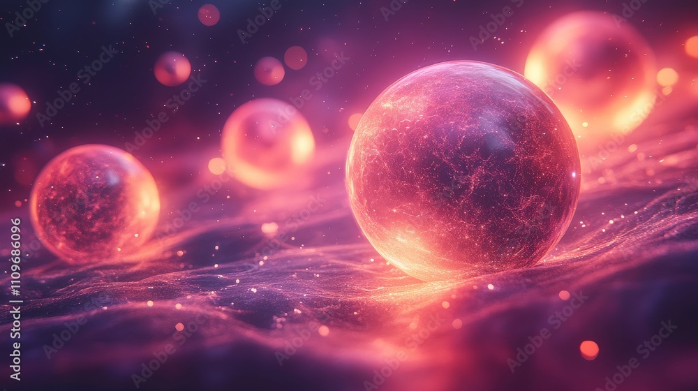 Poster abstract representation of glowing spheres in a cosmic space filled with vibrant colors, evoking a s