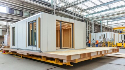 Assembly of modules in a prefabricated house factory, production of structural elements ready for transport to the construction site