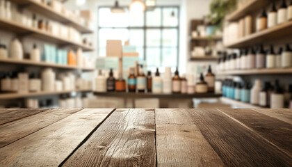 Fototapeta premium Rustic Wooden Tabletop in Blurred Beauty Shop Background