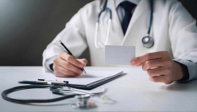 Business card mock up displayed on a clean desk with a stethoscope and clipboard in a medical office environment