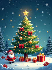 Naklejka premium Christmas tree is placed on a snowy landscape. There are falling golden and White snowflakes and some stars. Additionally, a Santa Claus, Christmas lights, stars, jingle bells, and gift boxes placed n