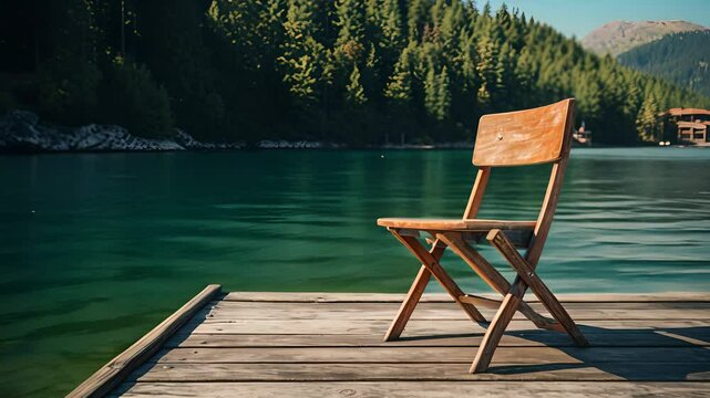 Wooden chair on a dock overlooking a mountain lake