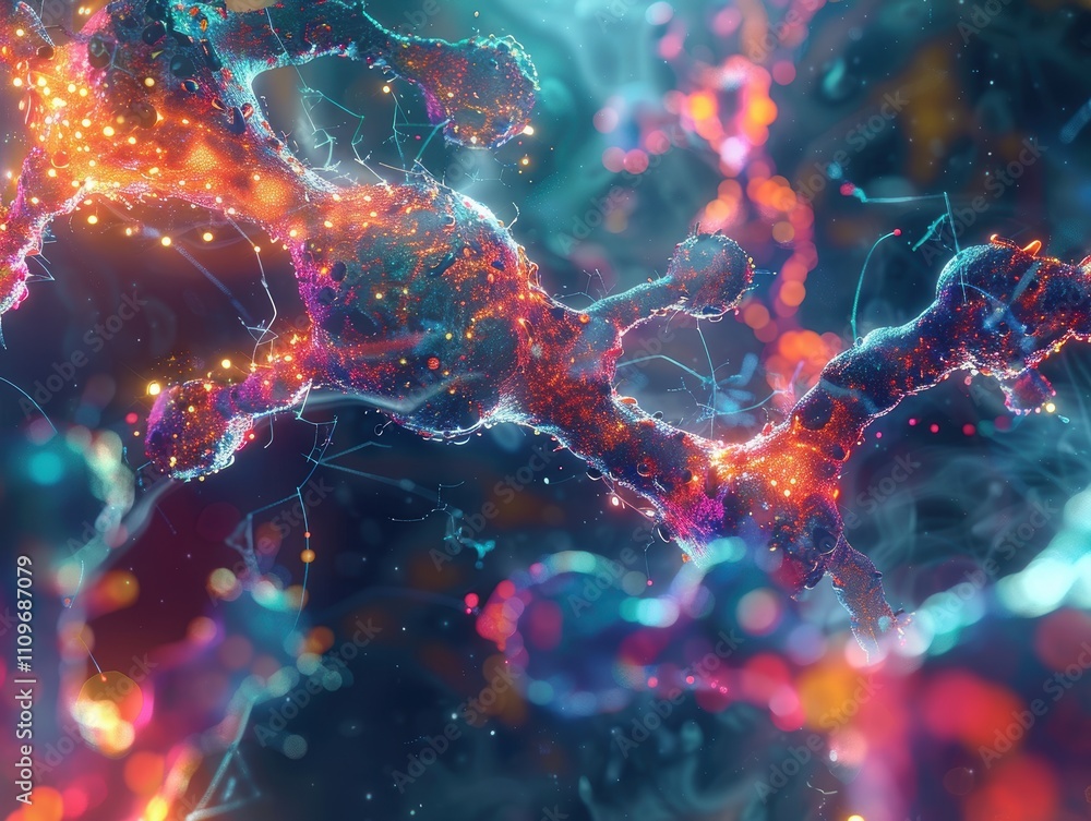 Poster abstract representation of molecular structures with vibrant colors and lights.