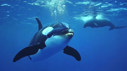 Two orcas swim in deep blue ocean.