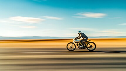 Obraz premium A man on a silver racing bike speeding along an open highway with a vast desert landscape endless under the blazing sun motion blur adds drama