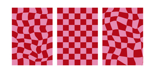 Set of abstract wavy checkered backgrounds. Vector distorted cage posters. Y2k design templates