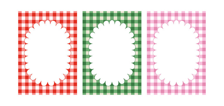 Set of abstract posters with cute frames and vichy retro cage. Vector illustration of retro backgrounds with gingham fashionable pattern