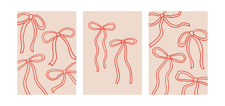 Set of posters with abstract quirky wavy bows. Vector outline hand drawn illustration of ribbons. Vintage coquette aesthetic. Holiday greeting cards template
