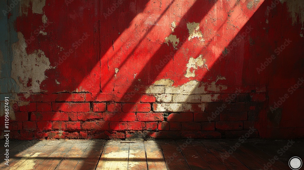Poster rustic red wall with sunlight shadows casting dynamic patterns on a weathered floor, ideal for backg