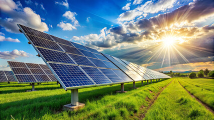 Rows of solar panels capture sunlight in a green field as the sun sets, illuminating the landscape with warm colors. The scene highlights renewable energy's impact on nature