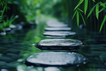 Serene pathway of stepping stones in lush green bamboo forest